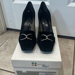 Elegant Suede Black Heels with Silver Accent - BCBG